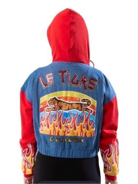 Le Tigre Thea layered denim crop jacket  with flames, rhinestones, and logo L